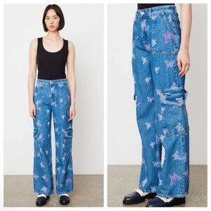 GANNI Angi Embroidered Butterfly Logo Cargo Blue Jeans